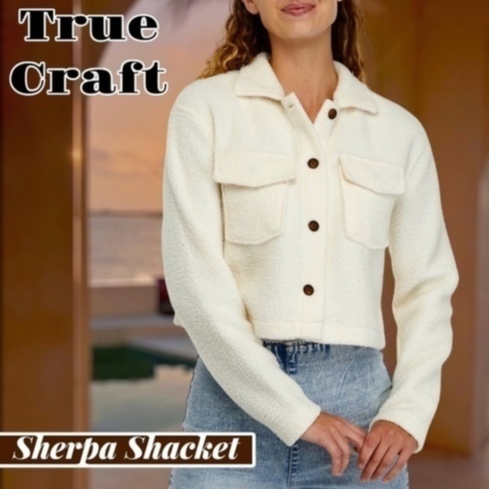 TRUE CRAFT Juniors' Sherpa Button-Front Shacket in Ivory